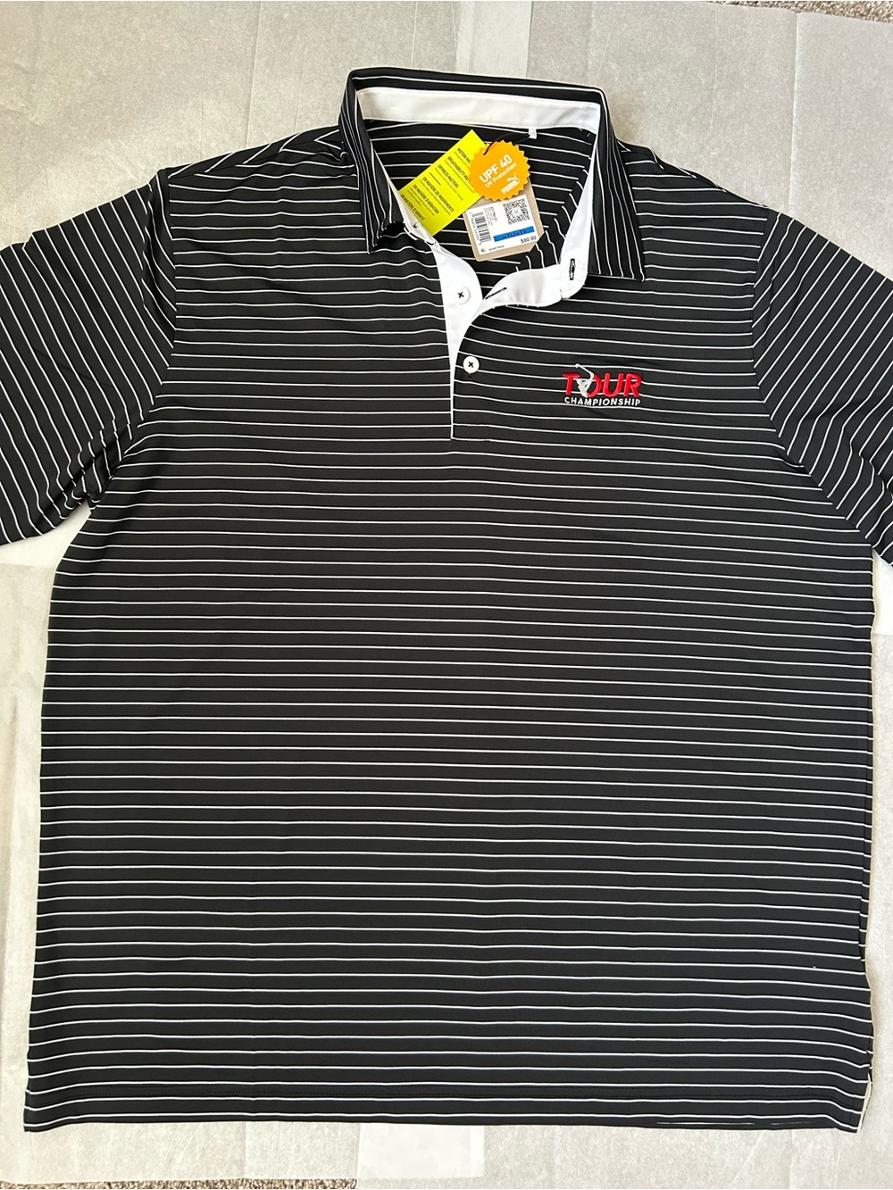 PGA Tour Championship Puma Black and White Striped Polo with Red Logo